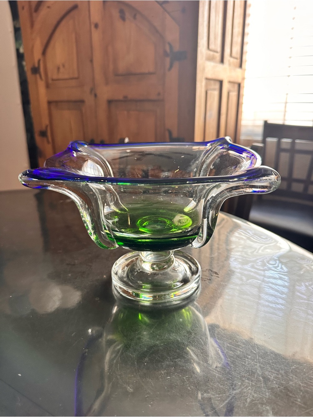 Vintage Murano Italian Art Glass footed Bowl Blue/ Green/ Clear Glass